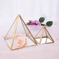 Glass Jewelry Box Golden Geometric Decorative Box Geometric Glass Pyramid Ring Holders for Wedding Birthday Gift S 1