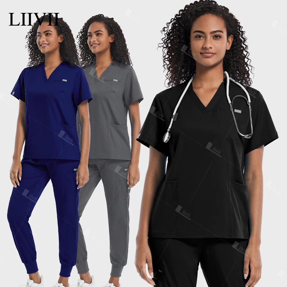 

Pet Grooming Doctor Uniform Non-sticky Hair Nurse Workwear Women V-neck Stretch Fabric Medical Clothes Summer Clinical Scrub Set