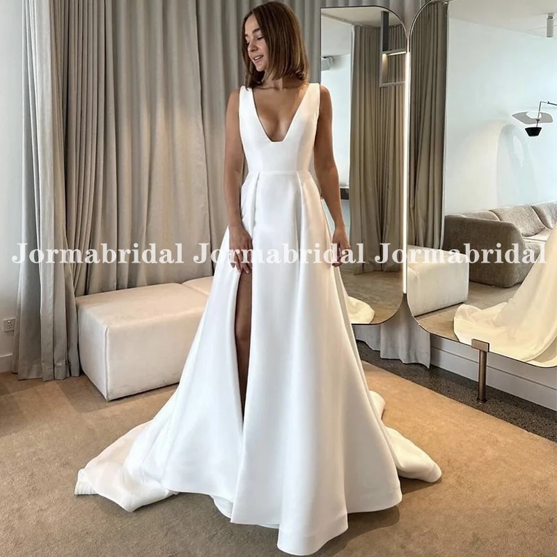 

Sexy Trapezoid Neckline Wedding Dress with High Slit Simple A-line Normal Waist Draped Satin Skirt Bridal Gowns robe de mariée