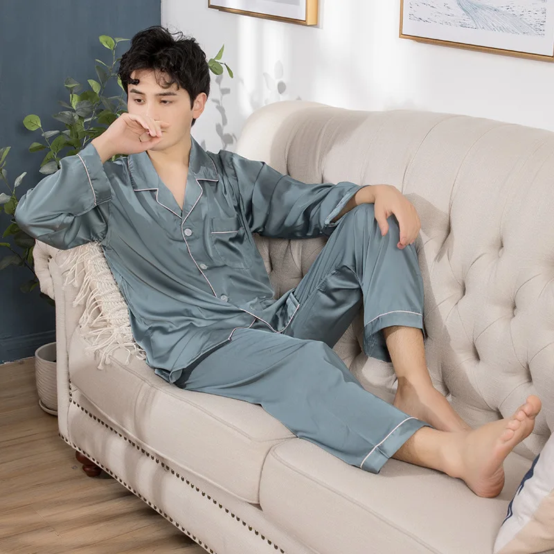 Satin Mens Pajamas Sets 2PCS Full Sleeve Nightwear Cardigan Intimate Sleepwear Silky Button Pyjamas Suits Groom Casual Homewear mens cotton pajama sets Pajama Sets