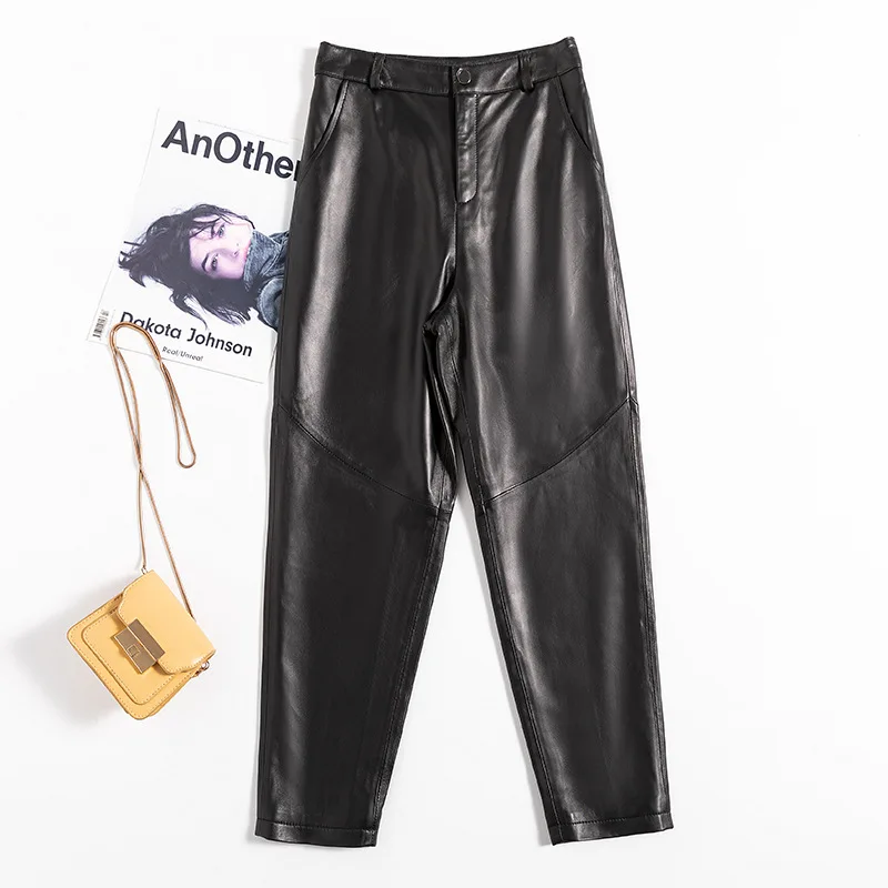 Sheepskin Casual Harem Pants for Women, Ankle Length, Slimming Black Leather Trousers, 4XL, Spring and Autumn