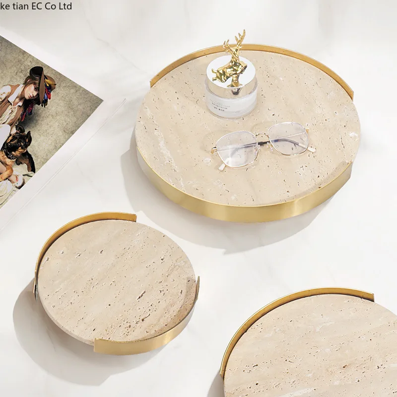 European modern light luxury natural marble round metal frame tray living room desktop storage Bathroom sink storage tray 2