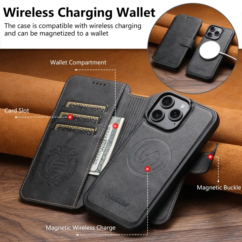 2-in-1 abnehmbare, kabellose, magnetische Lederhülle mit Ladefunktion für iPhone 18 17 16 15 14 13 12 ProMax Magsafe Flip Case – Detail 6