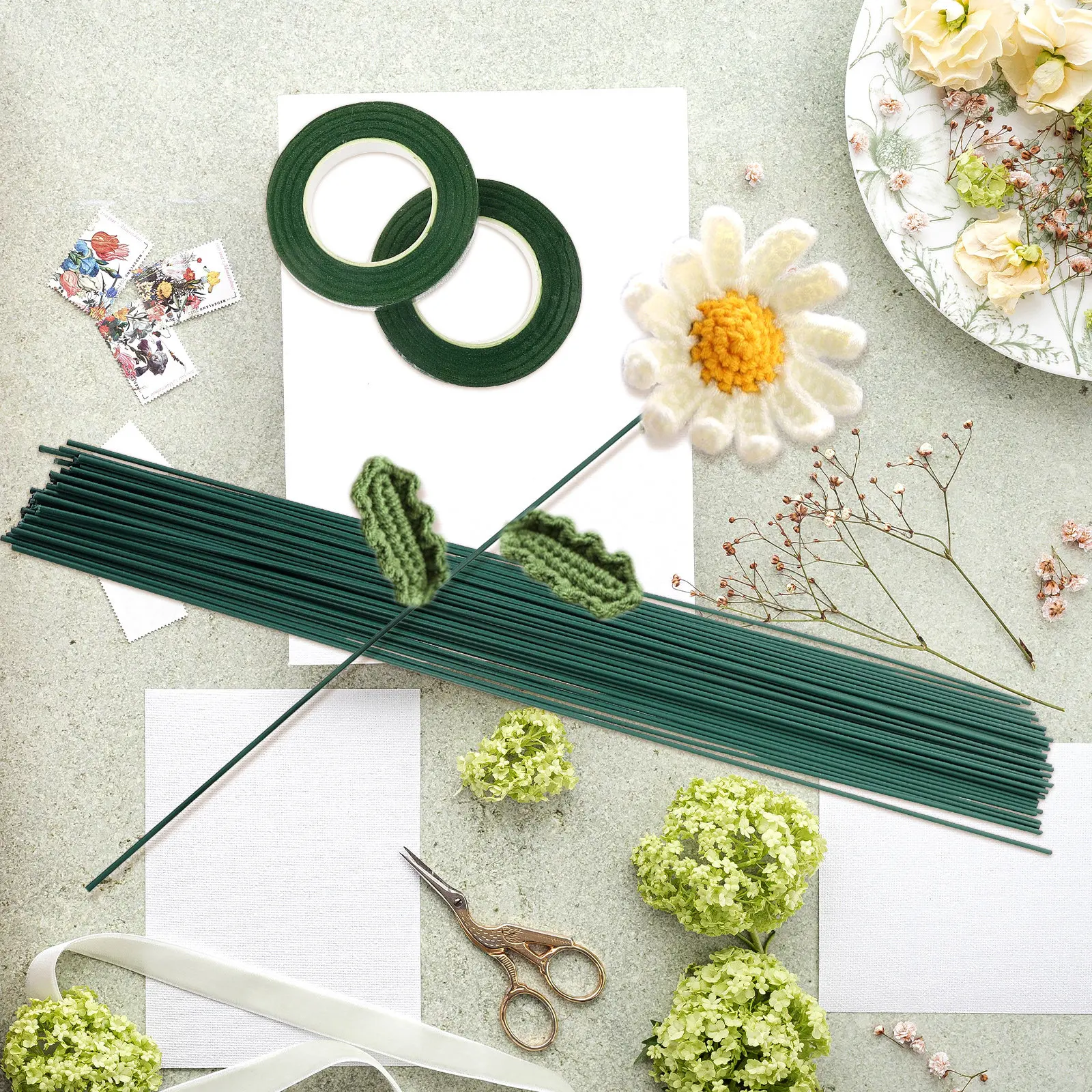 1세트 DIY 꽃줄기 와이어, 유연한 금속 와이어 꽃봉, 자연색 꽃 종이 테이프, 꽃다발 DIY 꽃 공예, 웨딩용