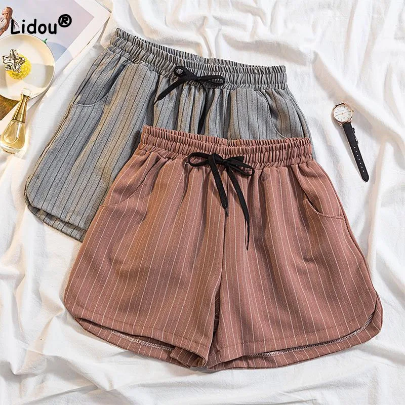 Women's Clothing Fashion Casual High Waist Striped Shorts Summer Pockets All-match Loose Elastic Drawstring Shorts for Female
