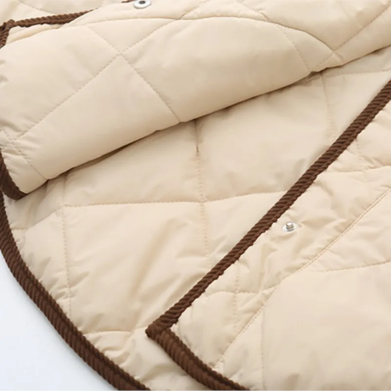 Womens Plus Size Winter Parkas Casual Clothing Block Color Lapel Argyle Padded Jacket Curved Hems Drop Shoulder Coats S52 8213