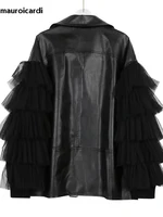 Mauroicardi-Veste courte en cuir PU pour femme avec ceinture, vêtements de créateur de luxe, dentelle patchwork, doux, léger, noir, printemps, 2025 4