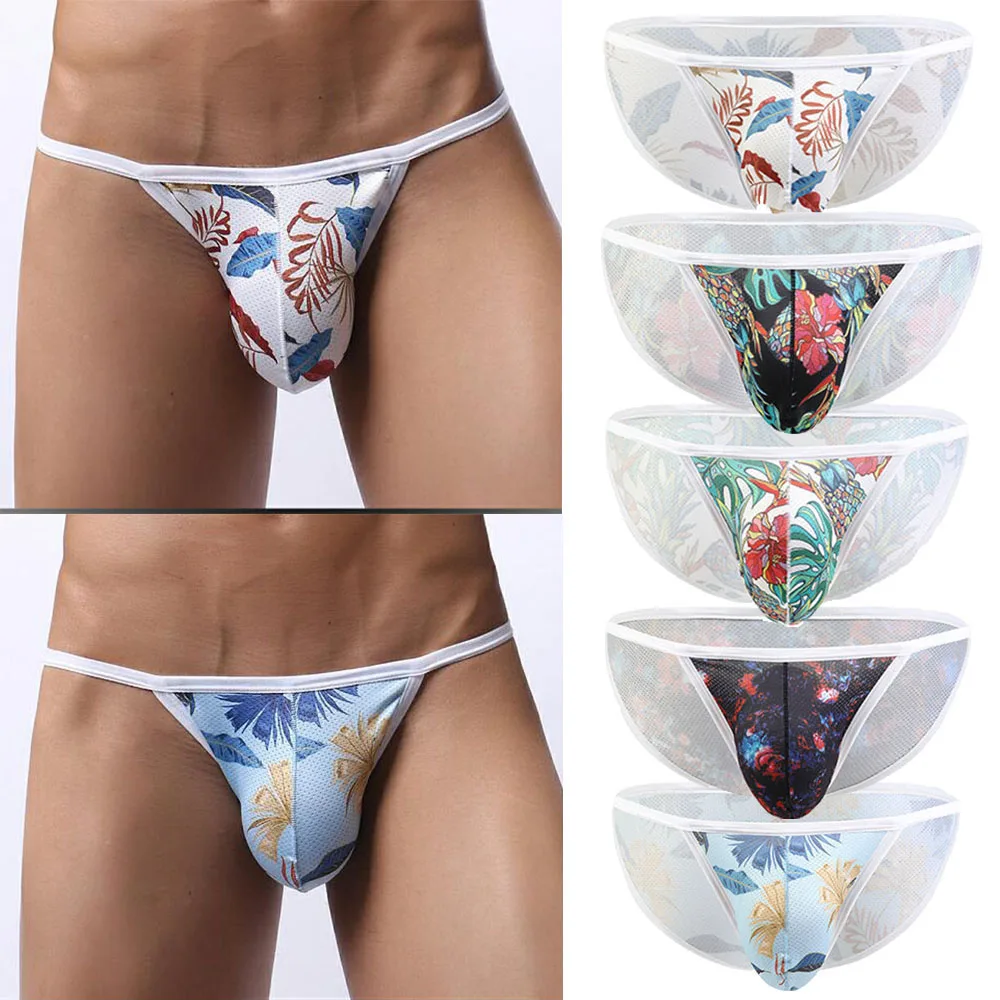 

Sexy Low Waisted Thongs Male Printed Briefs Panties Underpants Underwear Breathable U Convex Homewear High Fork Pants