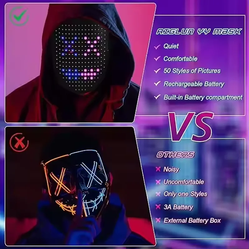 LED Mask with Gesture Sensing Light up Face Transforming Halloween Mask for Kids Men Women Costume Cosplay Party