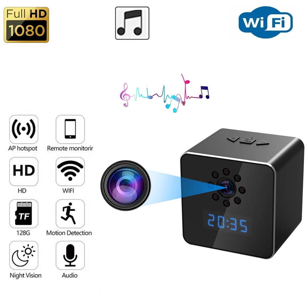 Portable Bluetooth Speakers Digital Clock Camera Wifi Remote Viewing Night Vision HD 1080P Home Office Video Surveillance Camera