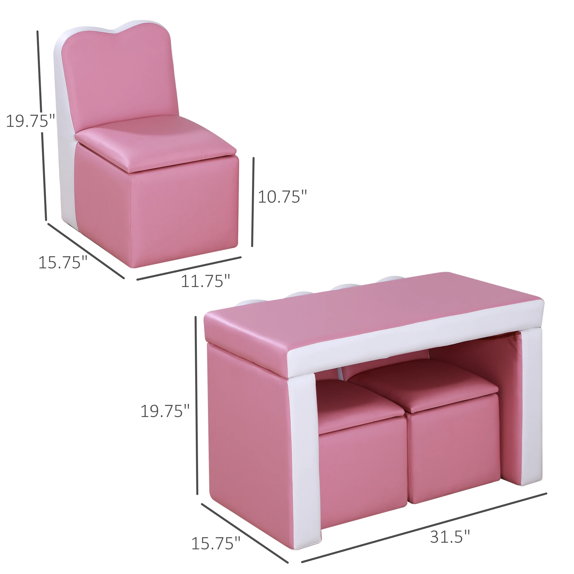 Kids Leather Sofa Armchair Multi-functional Table Chair Set Storage Pink 3