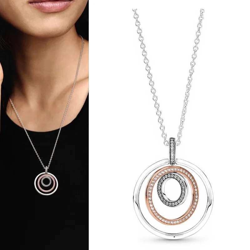 Original Women's Popular 925 Sterling Silver Colorful Love Heart Logo Ice Crystal Circle Necklace DIY Light Luxury Charm Jewelry