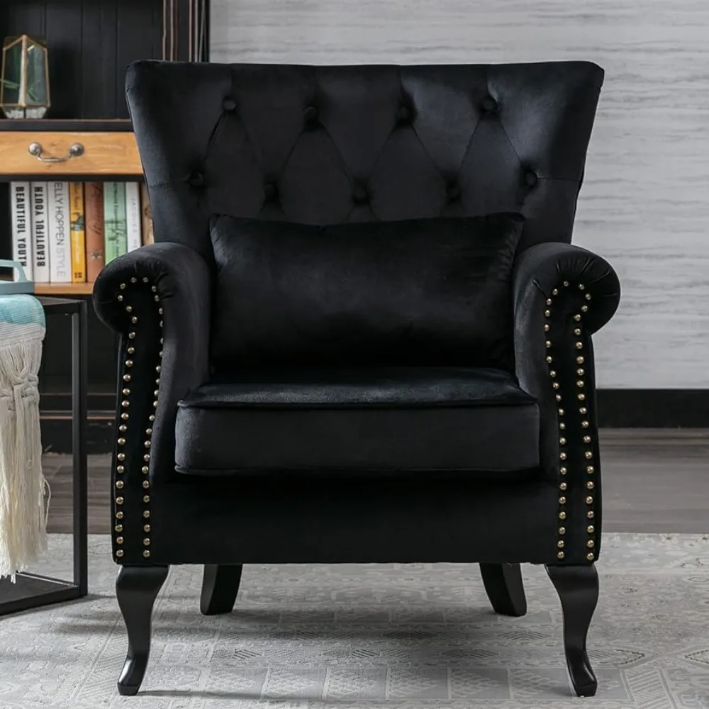 

Living Room Chair, Wing Back Chair, Soft Cushion Seat, Wooden Leg Home Club, Bedroom, Living Room, Black Chair