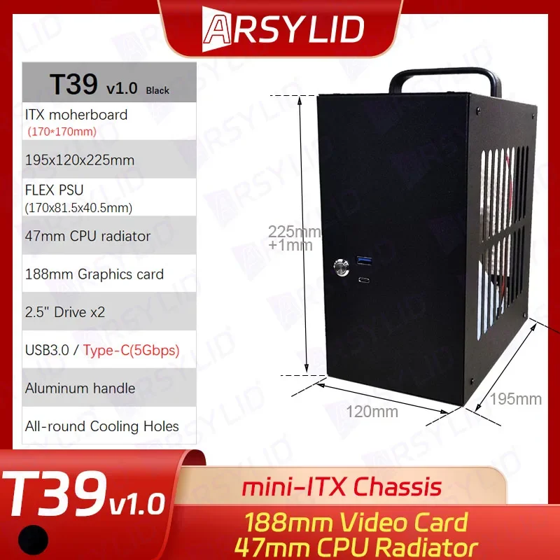 T39 4.9L A4 Chassis HTPC Mini ITX Game Computer Support 188mm Graphics Card 47mm Radiator Independent Display Case