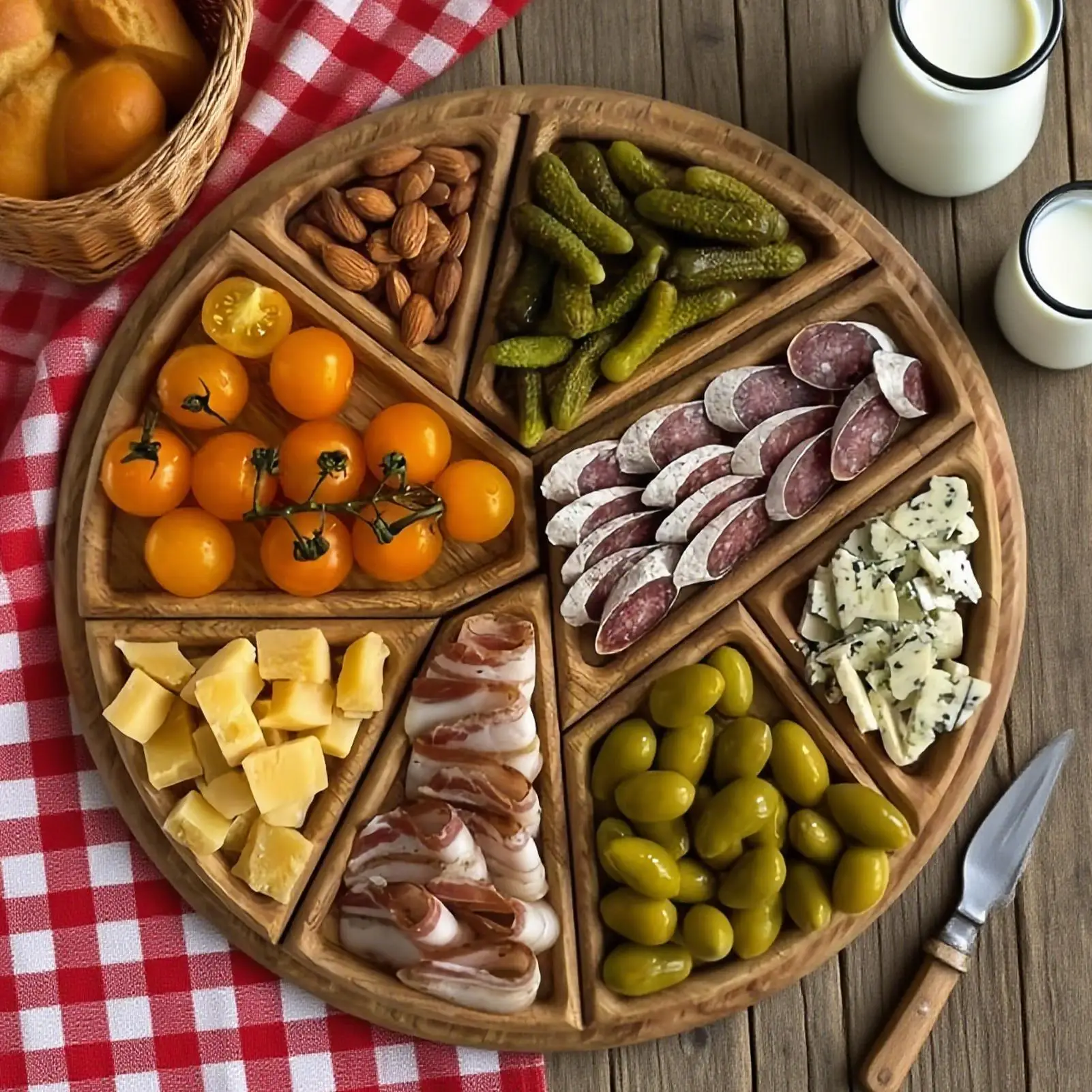 파티 음식 트레이용 간식 플래터 서빙 트레이, 분리 가능한 칸막이가 있는 나무 샤퀴테리 보드