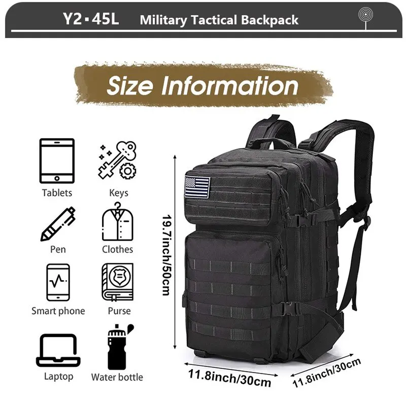 Tactical Backpack 3 Day Assault Pack Molle Bag 38/45L Large Outdoor Waterproof Hiking Camping Travel 600D Rucksack Men Fishing for tactical backpack