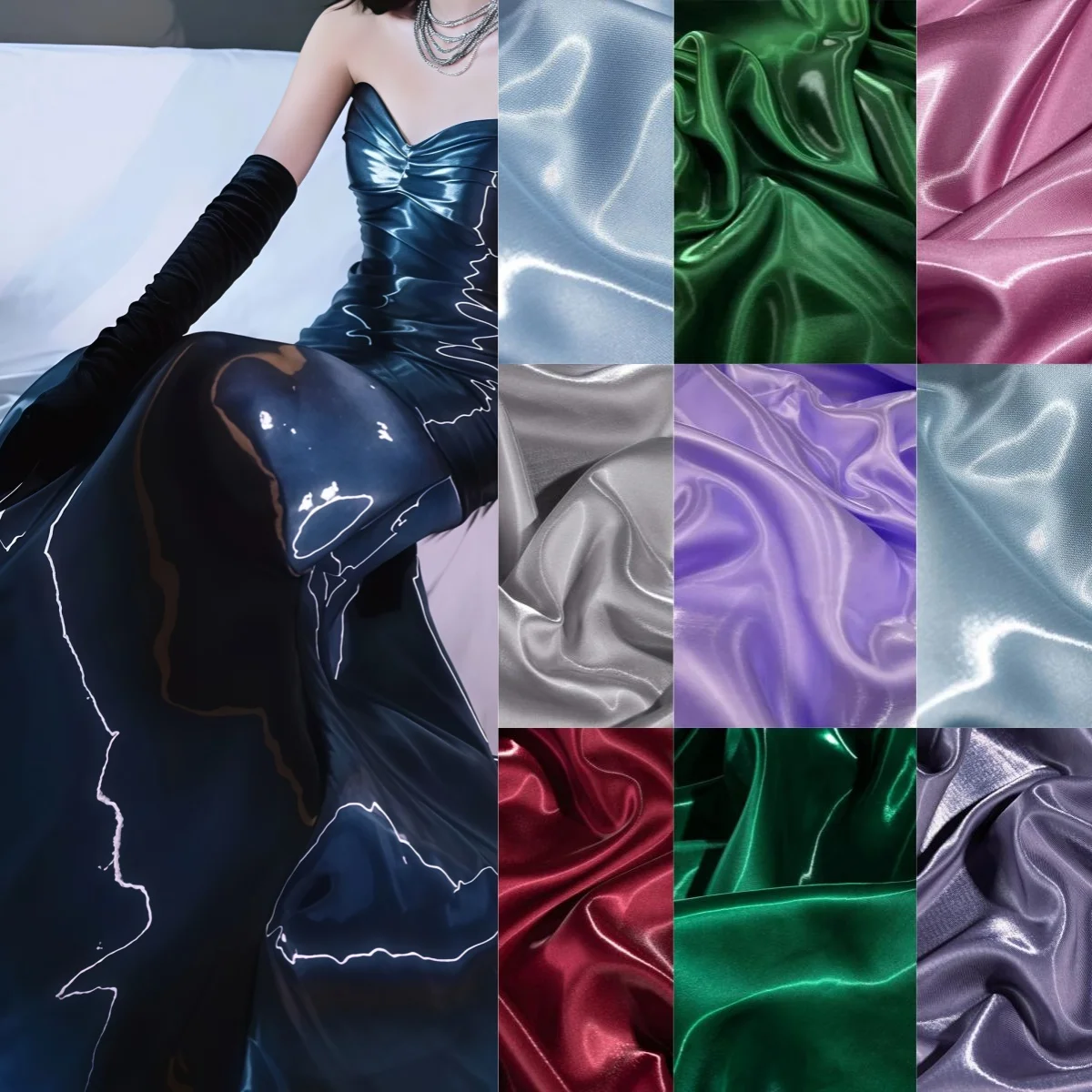 Blue Luxury Glossy Metallic Reflective Satin Fabric for Fashion and Formal Wear