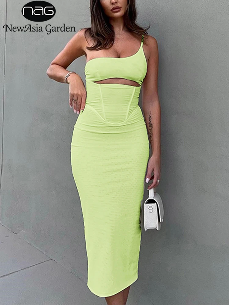 NewAsia One Shoulder Bodycon Dress Boned Cut out Mesh Splicing Adjustable Spaghetti Strap Fashion Midi Dress Sexy Women Vestidos