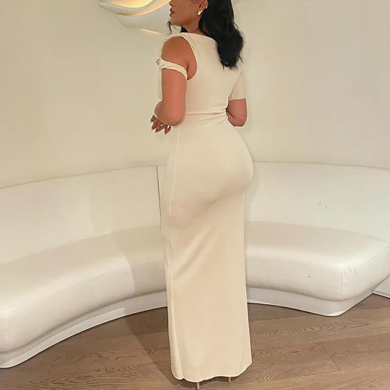 Vestidos sexis de verano para mujer, de color liso, irregulares, con cuello oblicuo, manga corta, ajustados, largos, para fiesta de noche Y2K.