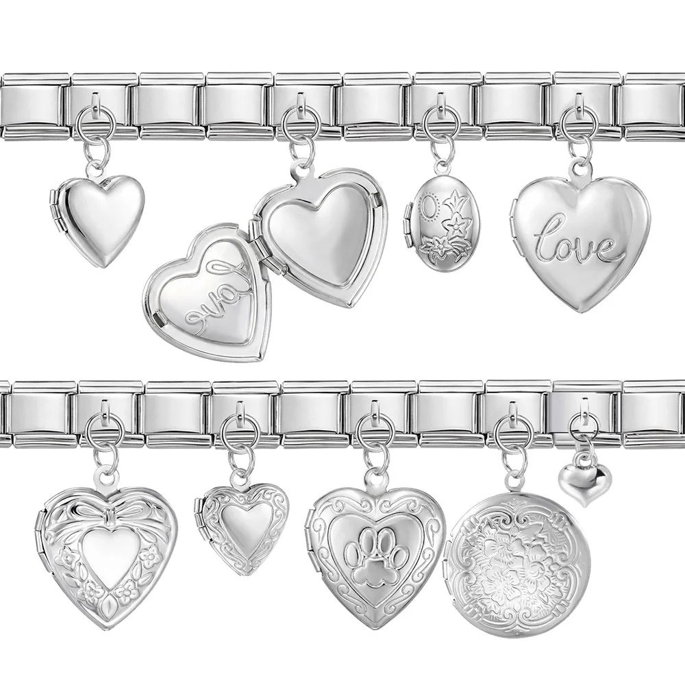 Öffnungsfähiger Liebesherz-Anhänger, italienischer Charm-Anhänger, passend für 9mm Edelstahlarmbänder, DIY-Perlen-Schmuck für Damen und Herren, Geschenk