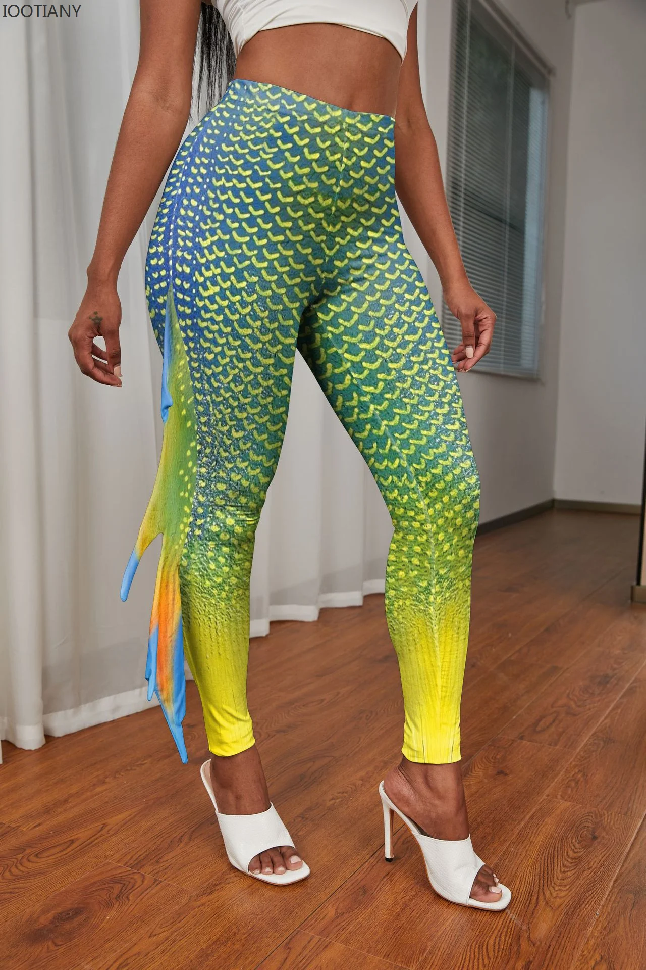 IOOTIANY  Euro American New Hip Lifting Feet Women's Pants Mermaid Tail Scale Fish Fin Printed Sweatpants 2023