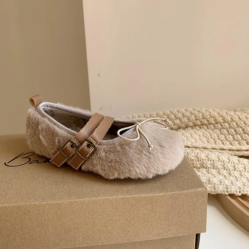 

Super Soft Children Girls Winter Fur Flats Soft Sole Comfy Casual Mary Janes Toddler Outdoor Footwear With Bow-knot Khaki White