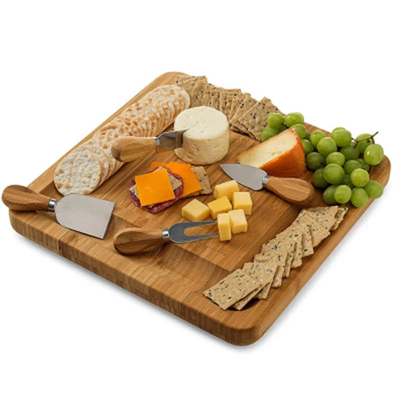 Bamboo Cheese Board New Square Wood Color Slide-Out Drawer Serving Platter For Cheese Fruit Vegetable Storage N