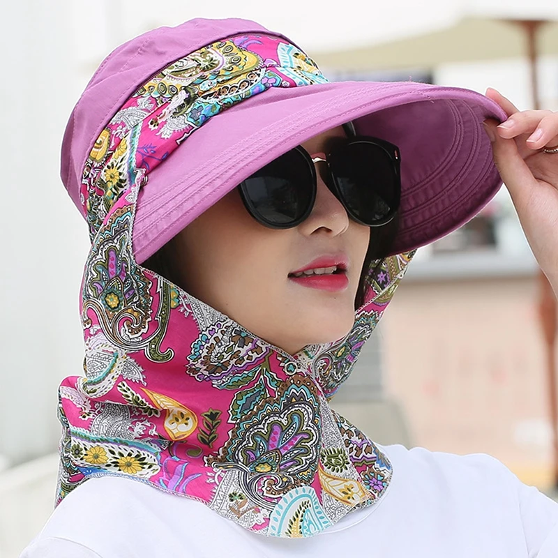 Women Anti-UV Sun Hat Beach Foldable Floral Print Wide Brim