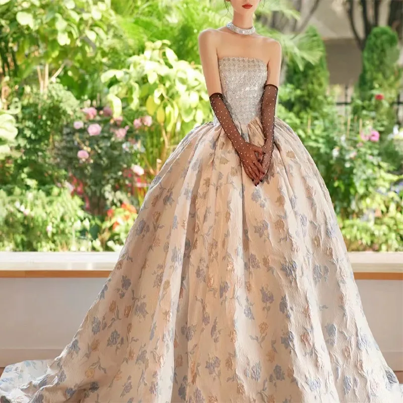 

Birthday Floral Print Backless Party Gown Women Champagne Tube Top Prom Evening Dresses