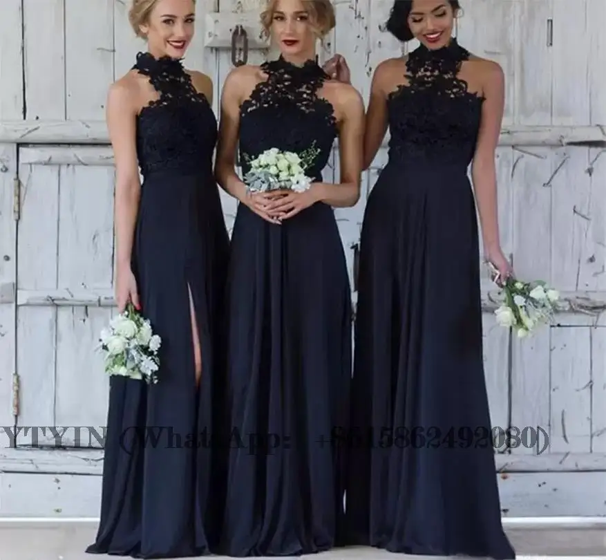 

Halter Neck Bridesmaid Dress Long Chiffon A Line robes de demoiselle d'honneur Lace Slit Evening Gown for Wedding Guest