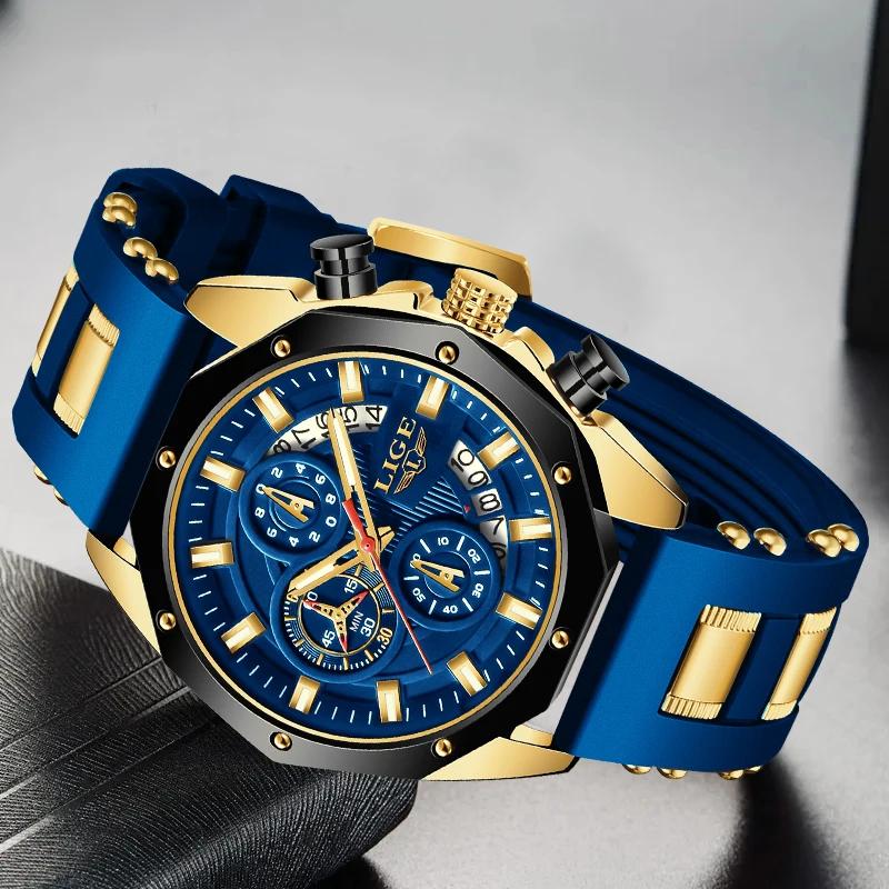 LIGE Fashion Gold Watch Men Casual Business Sports Men's Quartz Wristwatches Silicone Waterproof Date Chronograph Montre Homme