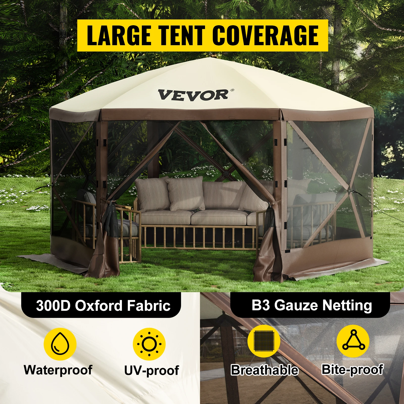 VEVOR Pop-up Camping Gazebo Camping Canopy Shelter 6 Sided 12' x 12' / 10' x 10' Sun Shade Tents & Canopies & Hiking