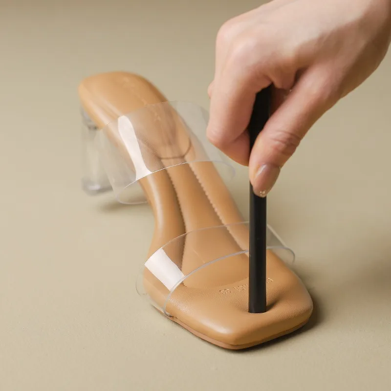 

2024 Summer Woman 6.5cm Clear Chunky High Heels Pumps Casual Open Toe Jelly Slippers Cinderella Party Nightclub Khaki Shoes