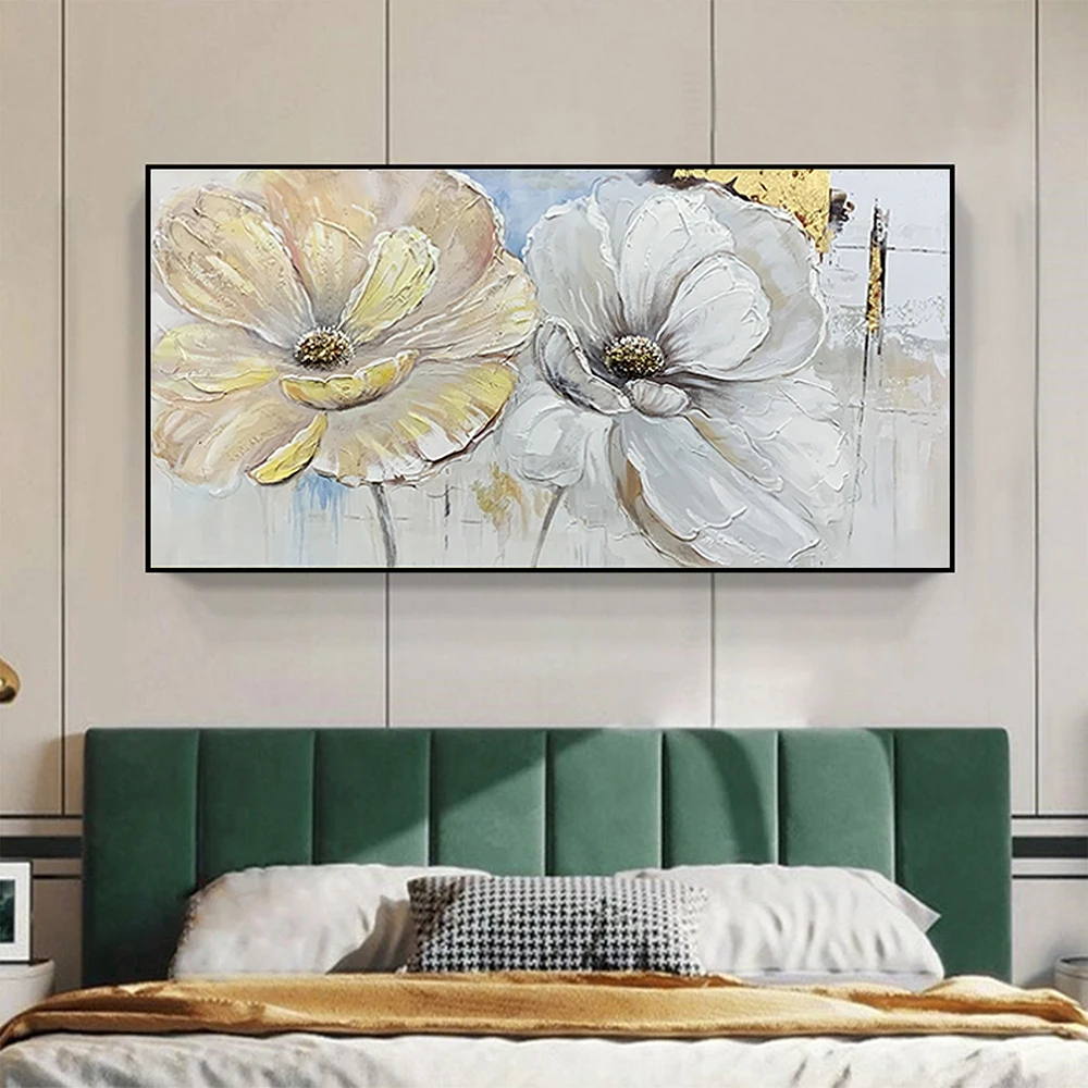 

Handmade Oil Painting Original Abstract Flower Oil Painting Modern Floral Yellow White Acrylic Painting Living Room Home Decor
