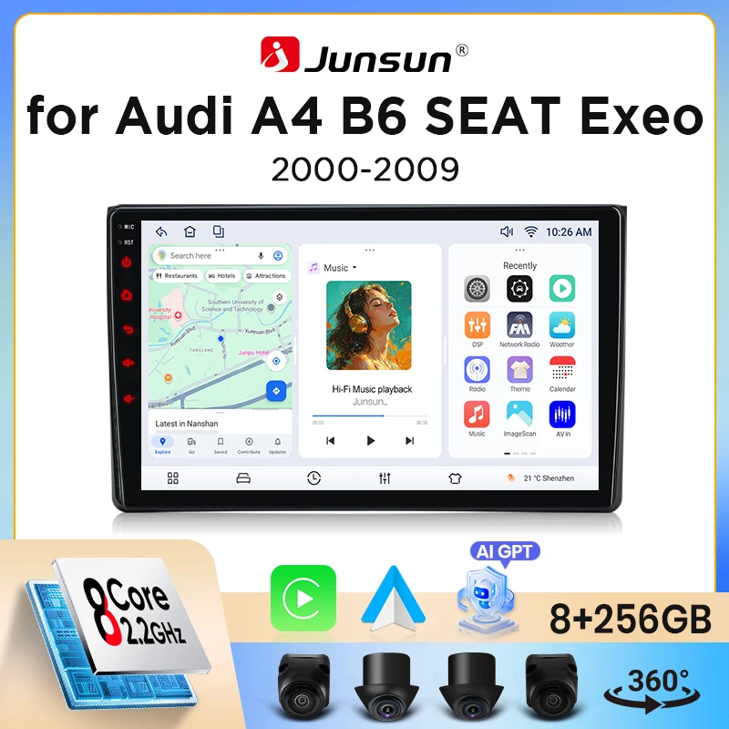 Radio para Auto Junsun con CarPlay Inalámbrico y Android Auto para Audi A4 (B6) / SEAT Exeo (3R) 2000-2013, Ventilador de Refrigeración Integrado, Navegación GPS Android, Reproductor Multimedia, WiFi, DSP, RDS, BT, SWC, Pantalla Táctil IPS, Autoradio, Reproductor de Video, Unidad Principal Estéreo 1