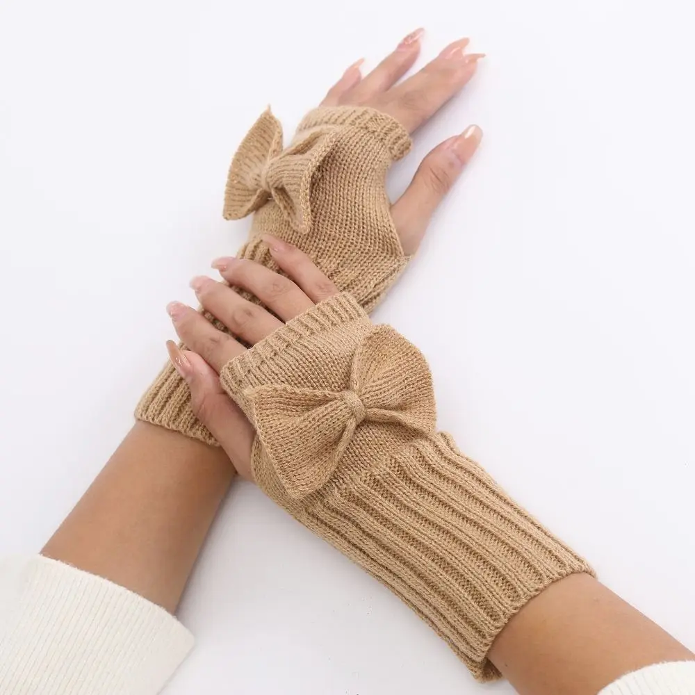 Comfortable Thick Warm Bowknot Knitted Gloves Elastic Keep Warm Half Finger Gloves Soft Arm Warmers Winter
