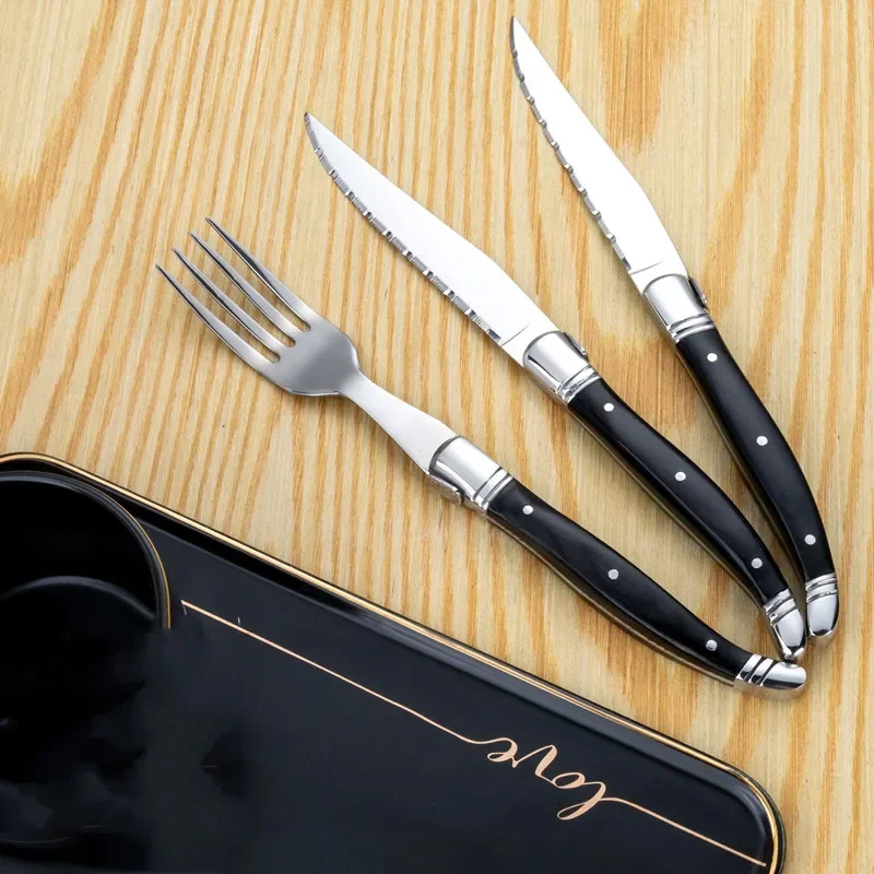 6-10pcs Laguiole Black wood Steak knives Stainless Steel Serrated Dinner Knife Red Solid Wooden Table Knifes Dinnerware set