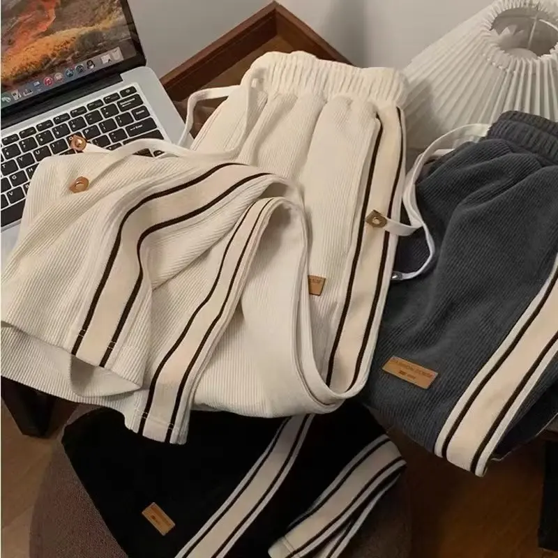 Corduroy Men Spring Youth Loose Straight Cylinder Elastic Waist Side Stripes Wide Leg Pants Trend Affordable Casual Trousers