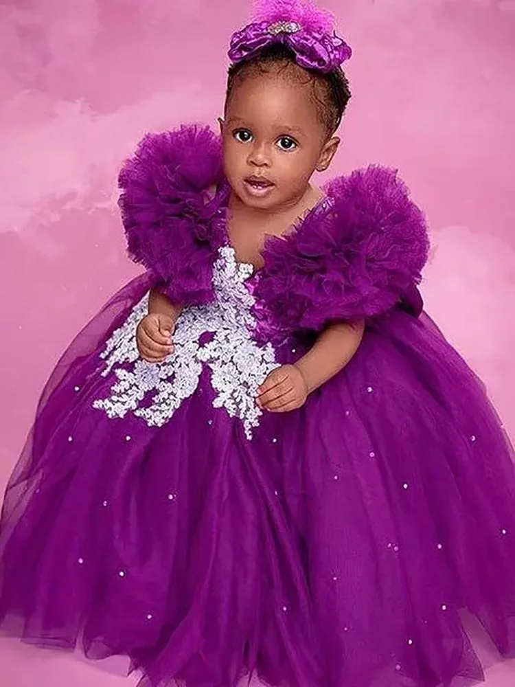 

Purple Lace Crystals Flower Girl Dresses Ball Gown Tulle Elegant Lilttle Kids Birthday Pageant Weddding Gowns