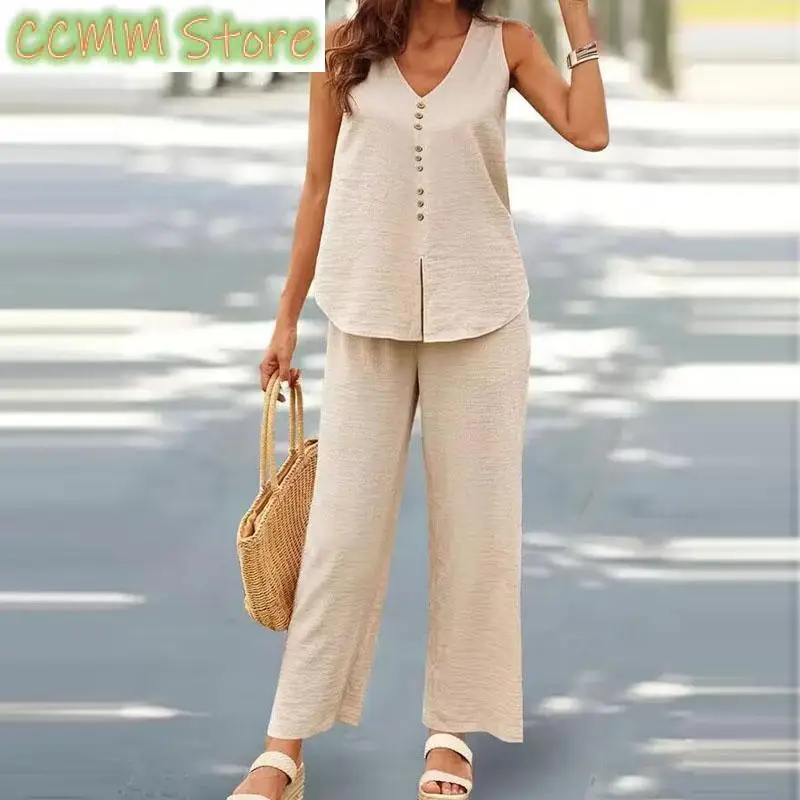 New Fashion Sleeveless Tank Top Button Wide Leg Pant Suits Lady V Neck Office Outfits Summer Female Streetwear Two Piece Sets