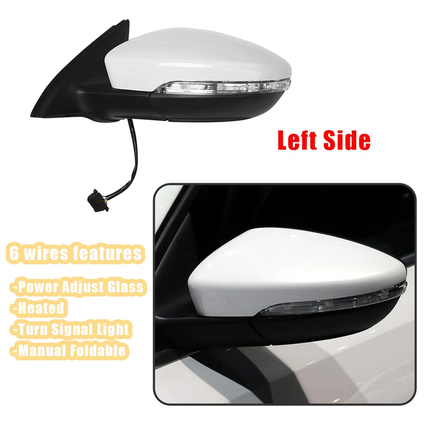 좌측 백미러 어셈블리 파워 유리 가열 방향 지시등, JETTA 2011 - 2018 5C7857507 용 6 개 와이어, 흰색