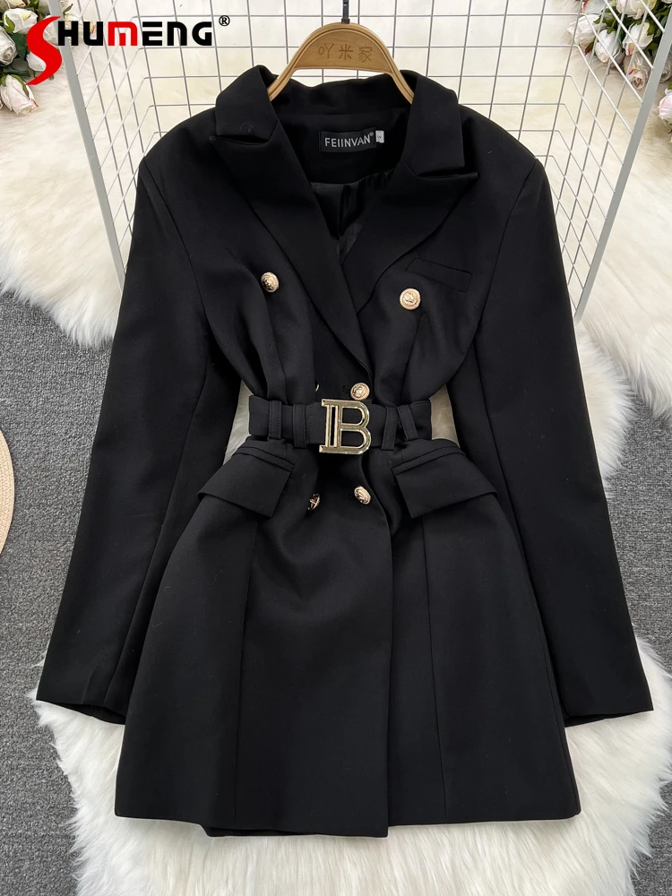 

French Style Temperament Long Sleeve Suit Collar High Waist Dress 2023 Spring Autumn Long Sleeve Mid-Length Blazers Women