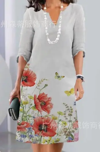 

Pullover 7/4 Sleeve Casual Commuter Print V-Neck Dress 2023 New Hot Selling Fashion Women's Wear