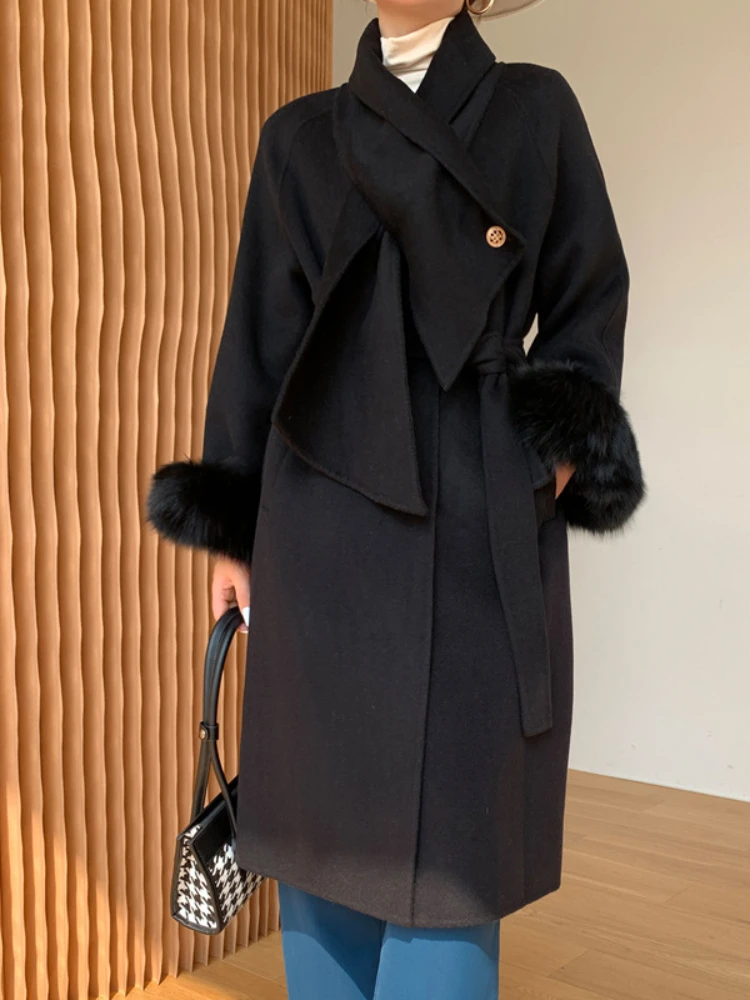 

MENINA BONITA 2023 New Fashion Fox Fur Cuff Winter Women Coat Double-sided Wool&blends Cashmere Loose Bowknot Warm Streetwear
