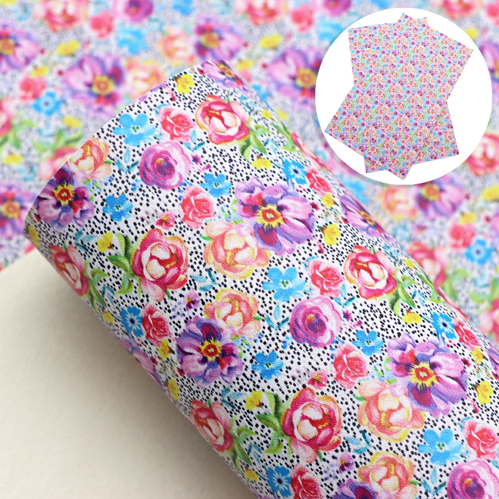 SMOOTH Faux Synthetic Leather Sheets Floral Print Leather Bows Fabric DIY Earrings Handbag Craft Accessories,1Yc22942