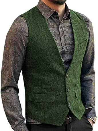 

Men Vest Classic Herringbone Tweed Wool Suit Vest V Neck Slim Fit Waistcoat For Wedding Groomsmen Suit Vests