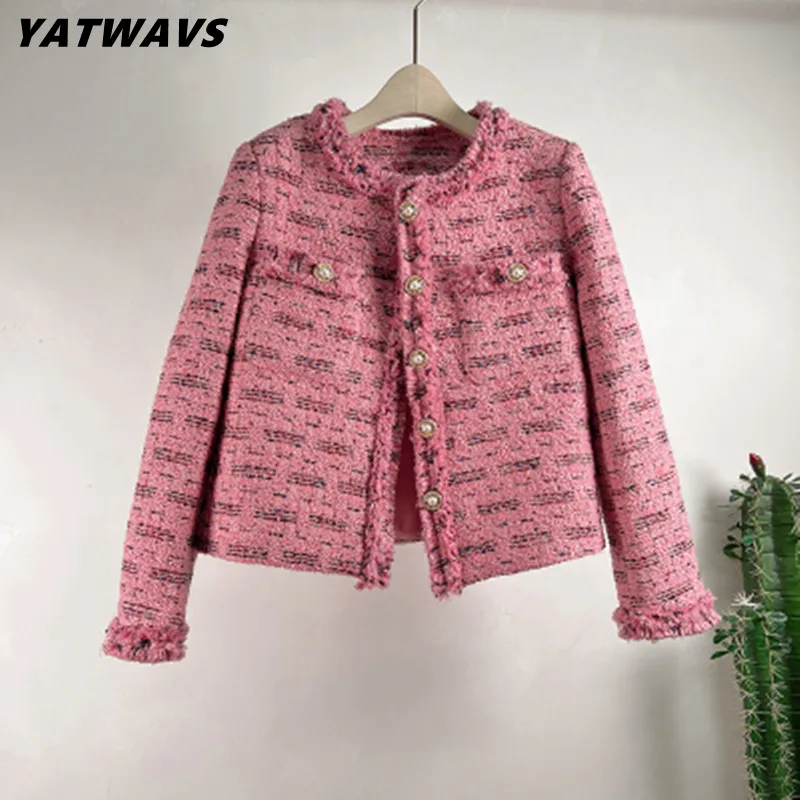 

Autumn Winter New Pink O-Collar Tweed Jackets Coat For Women's Runway Fashion Single-Breasted Tassels Woolen Outwear Casacos
