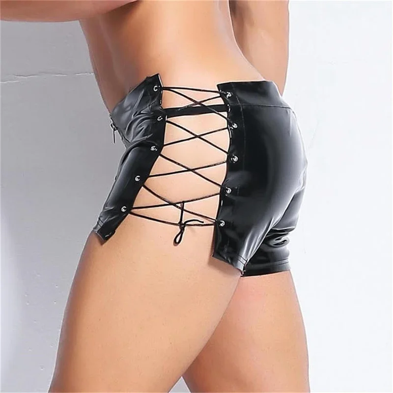 sexy lingerie Shorts Hot Men Latex PVC open crotch zipper leggings Shorts Fetish Gay Faux Leather Lace Up Short Pants clubwear