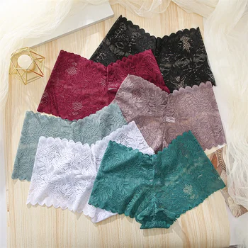 FINETOO 4pcs Lace Floral Boyshorts Underwear for Women Sexy Hollow Out Solid Panties Female Low-Waist Breathable Girls Lingerie 2