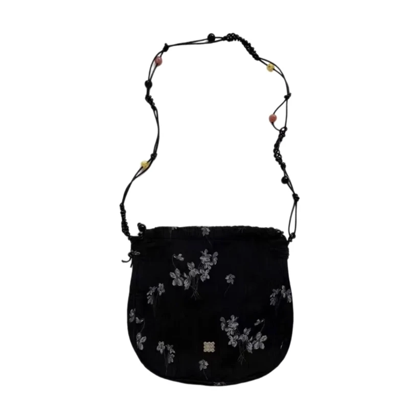 

Women Flower Messengers Bag Drawstring Shoulder Bag Wovens Beaded Crossbody Bag